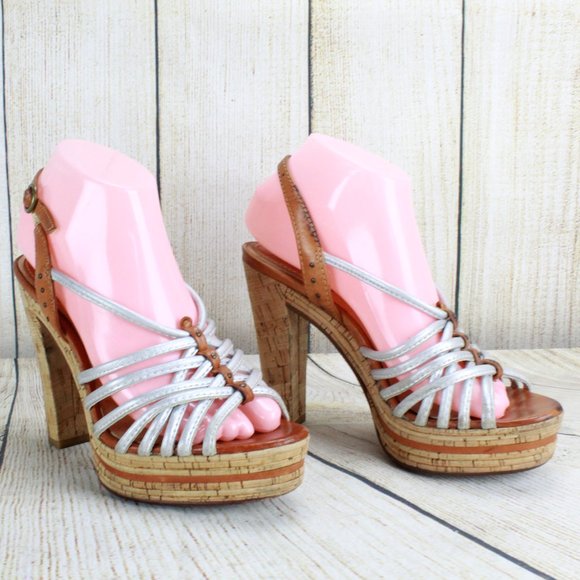 Frye Lena White Leather Strappy Sling Back Cork Platform Heeled Sandals 7 M - Picture 3 of 9